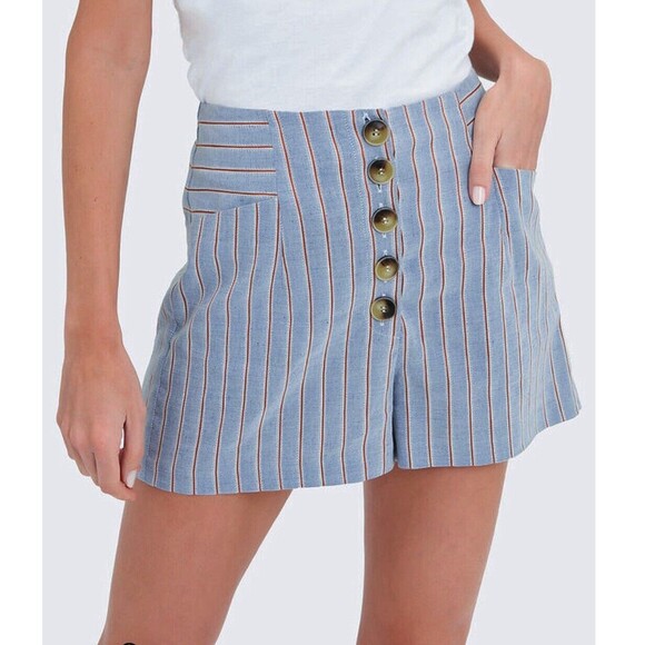 Intermix Delany Womens High Waist Linen Blend Chino Shorts Size 6 Striped Blue